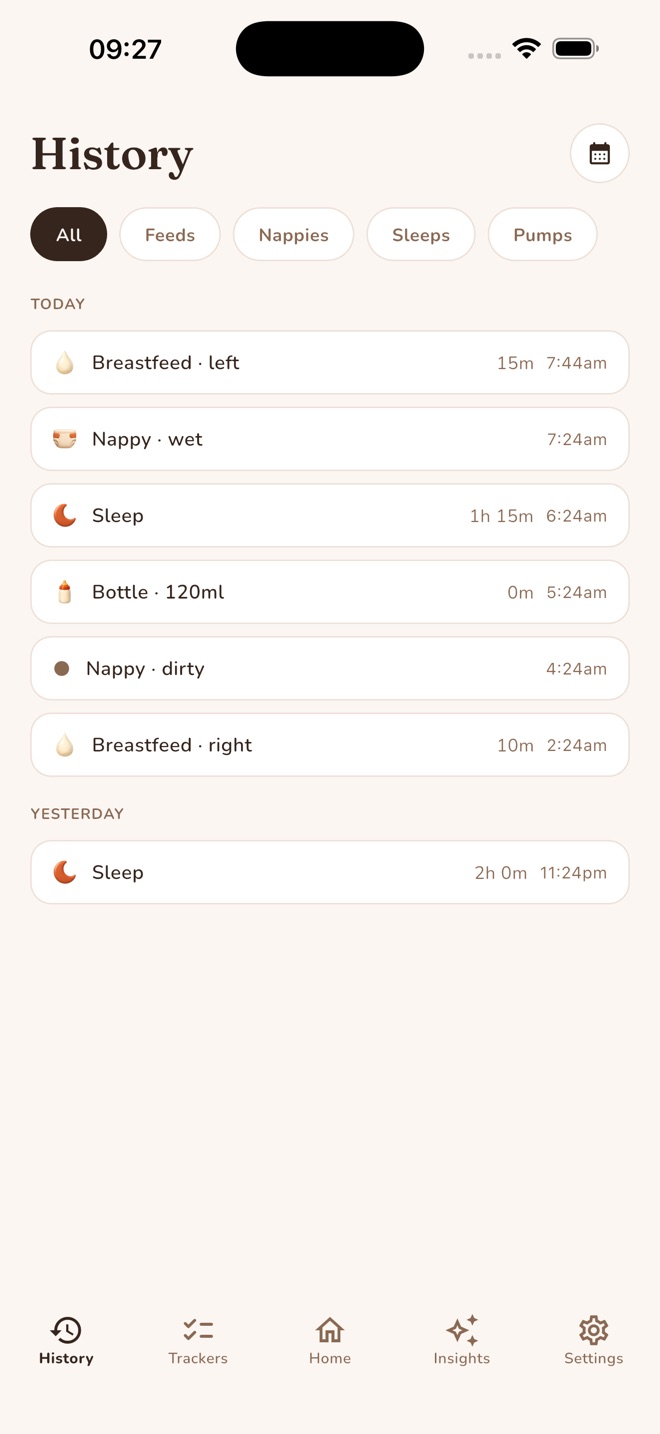 Rosa history screen listing today's feeds, nappies and sleeps with their times.